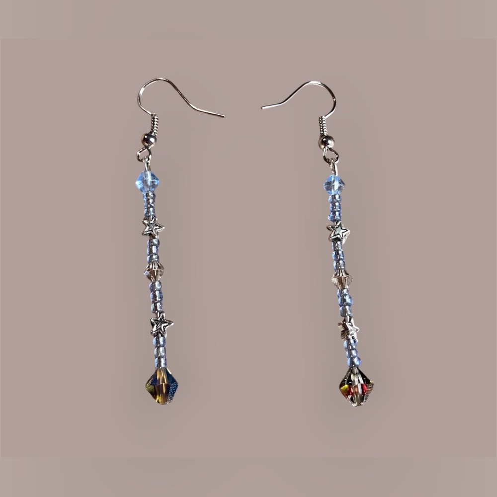 Handmade Light Blue Beaded Star Dangle Drop Earrings Pair